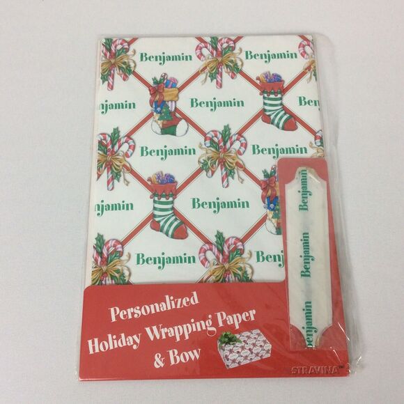 “Benjamin” Personalized Christmas Wrapping Paper & Bow Multicolored Holiday Fun - Picture 2 of 3